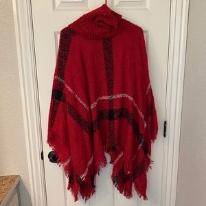 Red plaid turtleneck poncho
